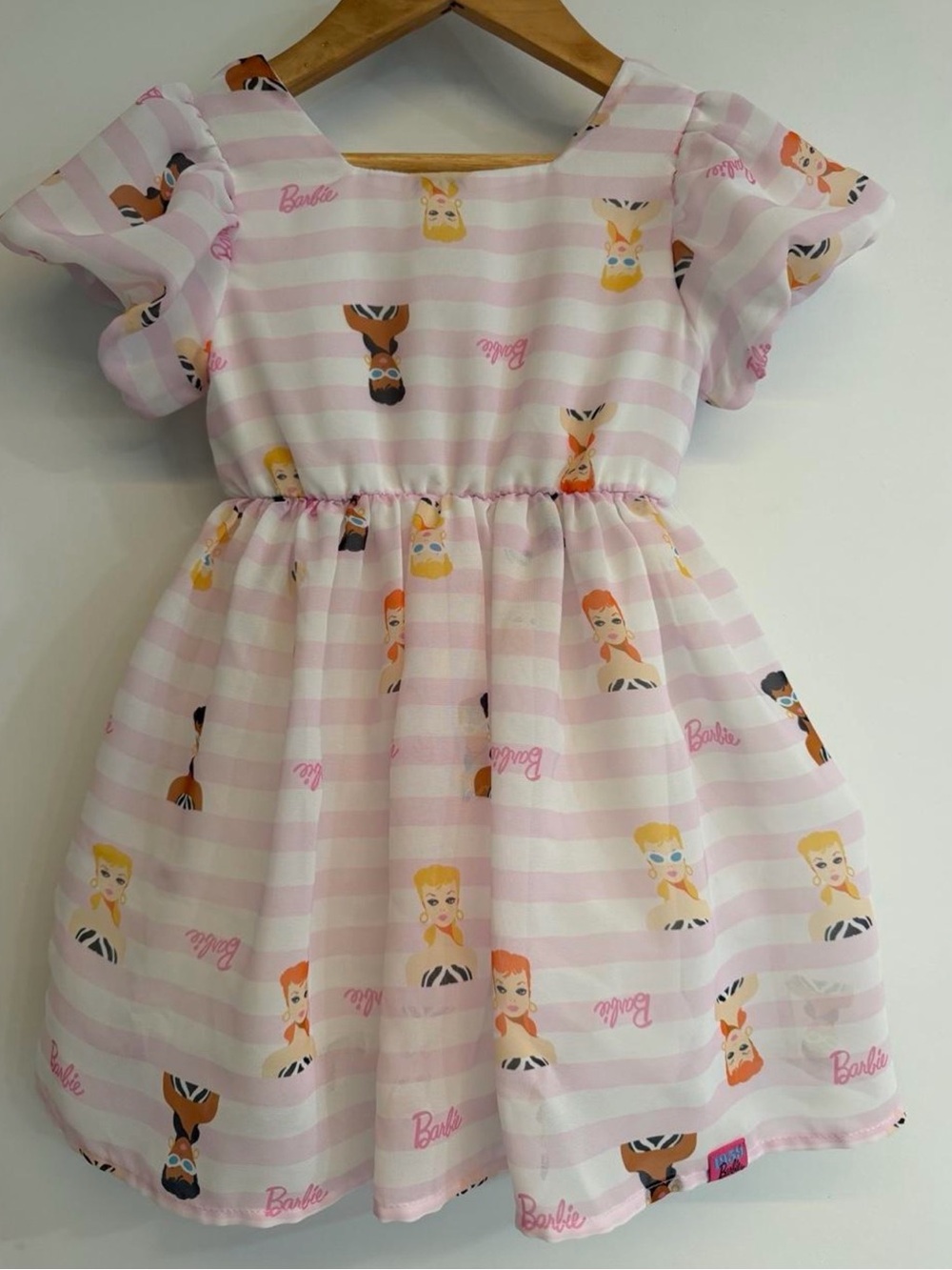 Girls' Pink Striped Barbie Print Dress